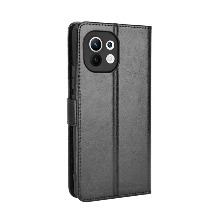 Étui de téléphone en cuir grainé Crazy Horse avec support et lanière pour Xiaomi Mi 11 - Noir
