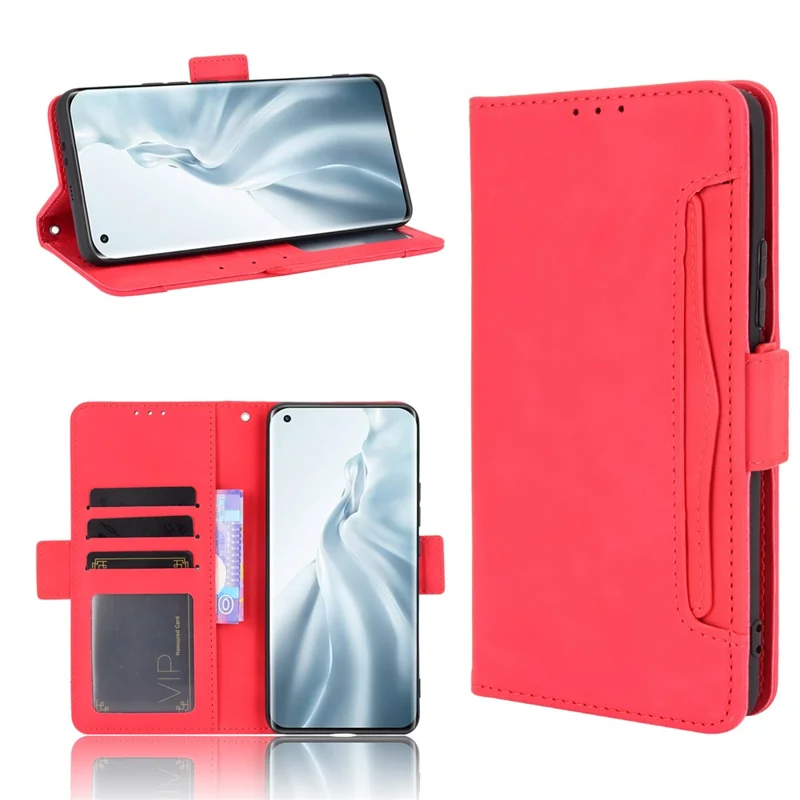 Multiple Card Slots Wallet Design Leder Telefon Merkmal Schutzhülle Mit Ständer Für Xiaomi Mi 11 - Rot