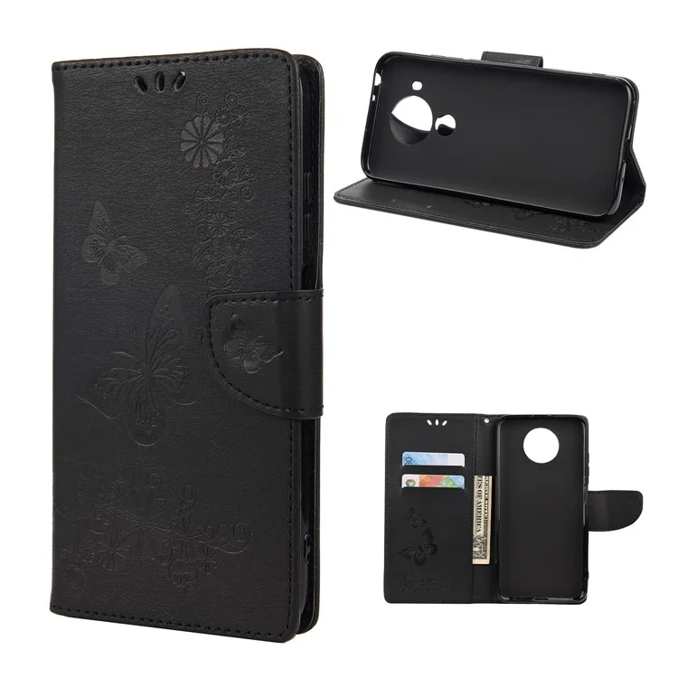 Imprinted Butterflies Flower Leather Wallet Stand Case for Xiaomi Redmi Note 9 5G / Redmi Note 9T 5G - Black