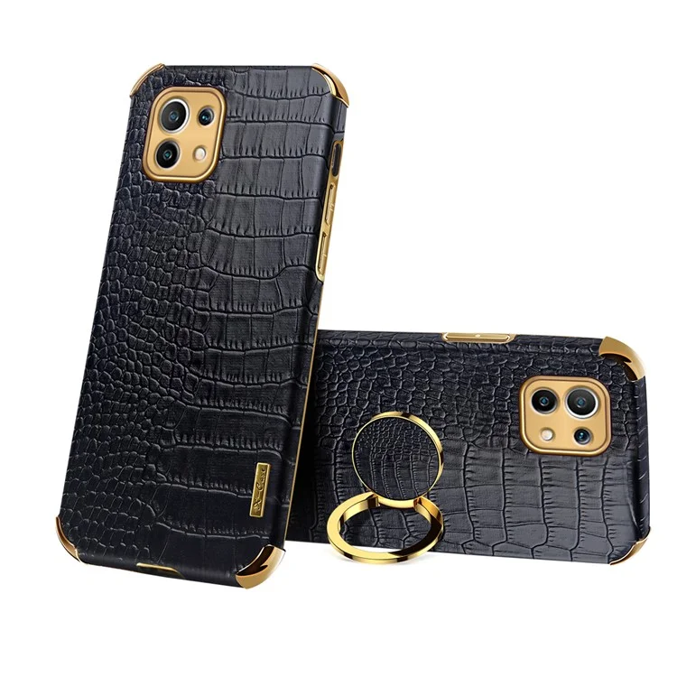 Elettroplando Precisa Ritaglio di Coccodrillo Texture PU Leather Design + Coperchio Telefonico TPU Con Supporto Per Anelli Per Xiaomi Mi 11 - Nero