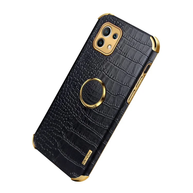 Electroplating Preciso Recorte Textura de Cocodrilo Diseño de Cuero PU + Cubierta Del Teléfono TPU Con Soporte de Anillo Para Xiaomi Mi 11 - Negro