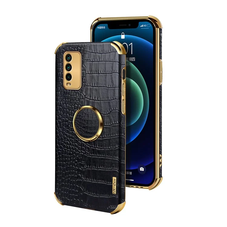 Precise Cutout Electroplating Crocodile Texture PU Leather Design + TPU Phone Cover with Ring Holder for Xiaomi Redmi 9T/9 Power/Note 9 4G (Qualcomm Snapdragon 662) - Black