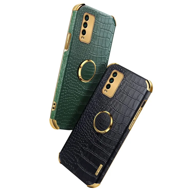 Precise Cutout Electroplating Crocodile Texture PU Leather Design + TPU Phone Cover with Ring Holder for Xiaomi Redmi 9T/9 Power/Note 9 4G (Qualcomm Snapdragon 662) - Black