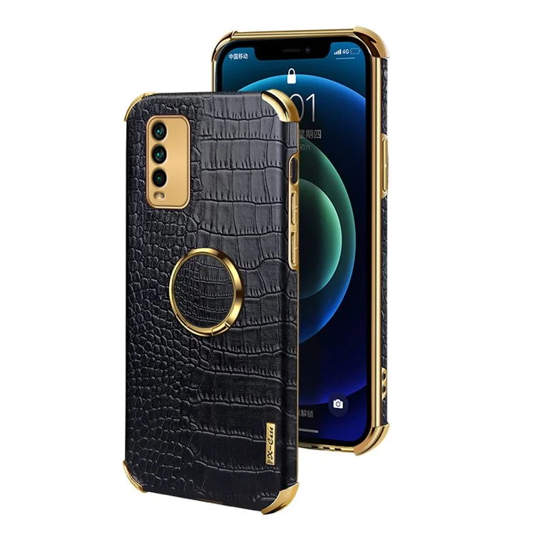 Corte Preciso La Textura De Cocodrilo De Galvanoplastia De Cocodrilo PU Diseño De Cuero + TPU Funda Telefónica Con Soporte De Anillo Para Xiaomi Redmi 9T / 9 Potencia / Note 9 4G (Qualcomm Snapdragon 662) - Negro