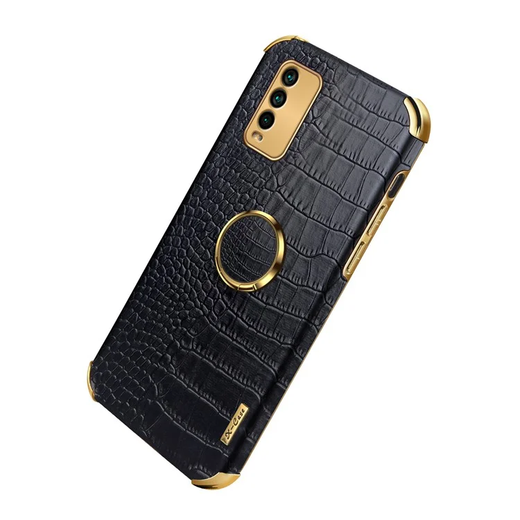 Precise Cutout Electroplating Crocodile Texture PU Leather Design + TPU Phone Cover with Ring Holder for Xiaomi Redmi 9T/9 Power/Note 9 4G (Qualcomm Snapdragon 662) - Black