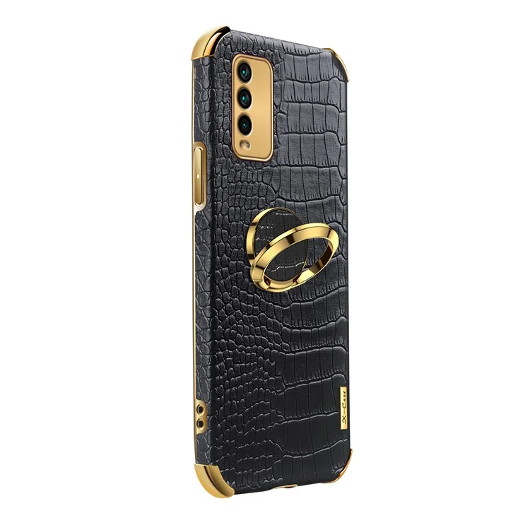 Precise Cutout Electroplating Crocodile Texture PU Leather Design + TPU Phone Cover with Ring Holder for Xiaomi Redmi 9T/9 Power/Note 9 4G (Qualcomm Snapdragon 662) - Black