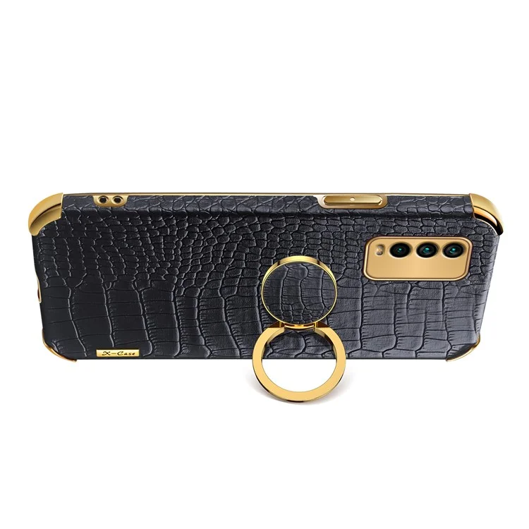 Découpe précise Électroplacage Texture de crocodile en cuir PU Design + Coque de téléphone TPU avec support anneau pour Xiaomi Redmi 9T/9 Power/Note 9 4G (Qualcomm Snapdragon 662) - Noir