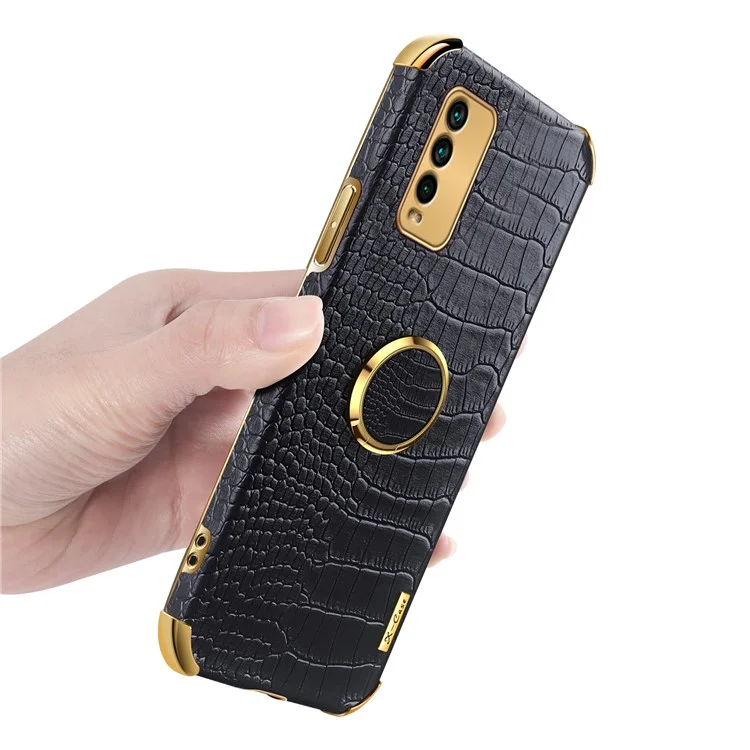 Corte Preciso La Textura De Cocodrilo De Galvanoplastia De Cocodrilo PU Diseño De Cuero + TPU Funda Telefónica Con Soporte De Anillo Para Xiaomi Redmi 9T / 9 Potencia / Note 9 4G (Qualcomm Snapdragon 662) - Negro