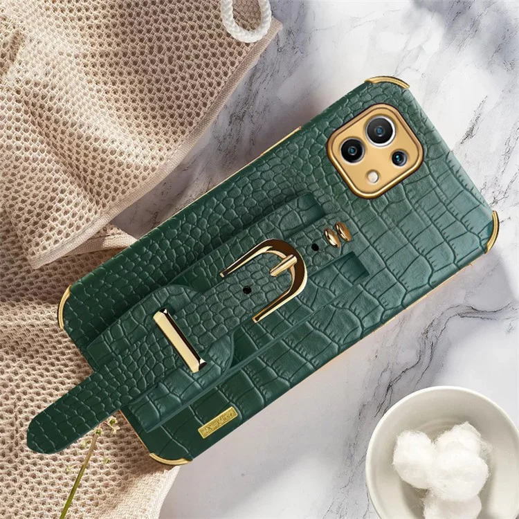 6D Electroplated Crocodile Texture Wrist Strap PU Leather Coated TPU Phone Case for Xiaomi Mi 11 - Green