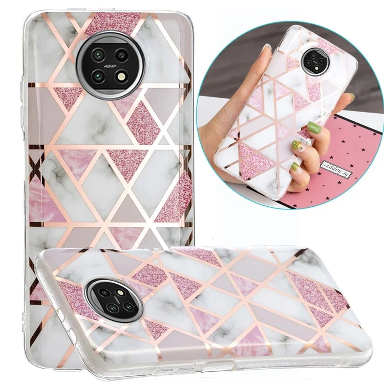 IMD Eletroplating Mármore Padrão Flexível TPU Caso Para Xiaomi Redmi Nota 9T 5G / Xiaomi Redmi Nota 9 5g - Rhombus Rosa/branco