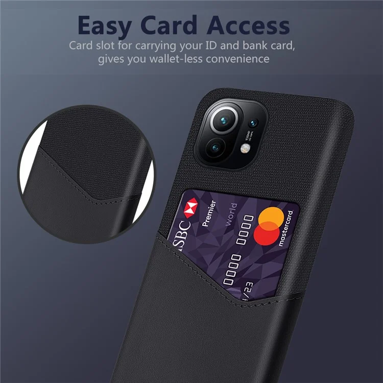 KSQ avec housse en tissu + étui de protection PC enduit de cuir PU avec support pour carte au dos pour Xiaomi Mi 11 - Noir