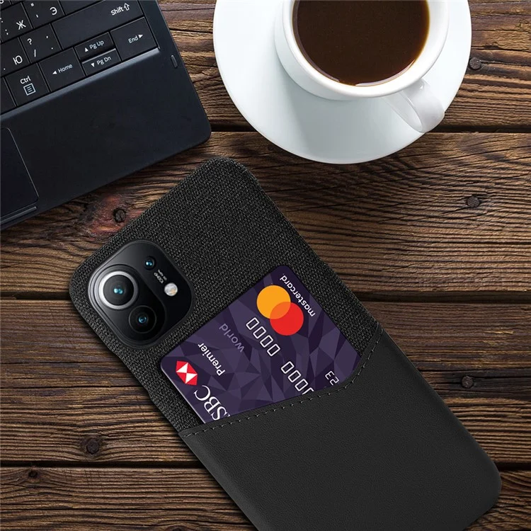 KSQ avec housse en tissu + étui de protection PC enduit de cuir PU avec support pour carte au dos pour Xiaomi Mi 11 - Noir