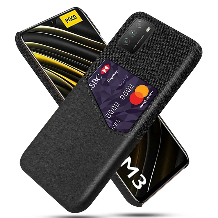 Coque arrière dure en PC revêtue de cuir texturé en tissu KSQ avec porte-carte pour Xiaomi Poco M3/Redmi 9T/9 Power/Note 9 4G (Qualcomm Snapdragon 662) - Noir