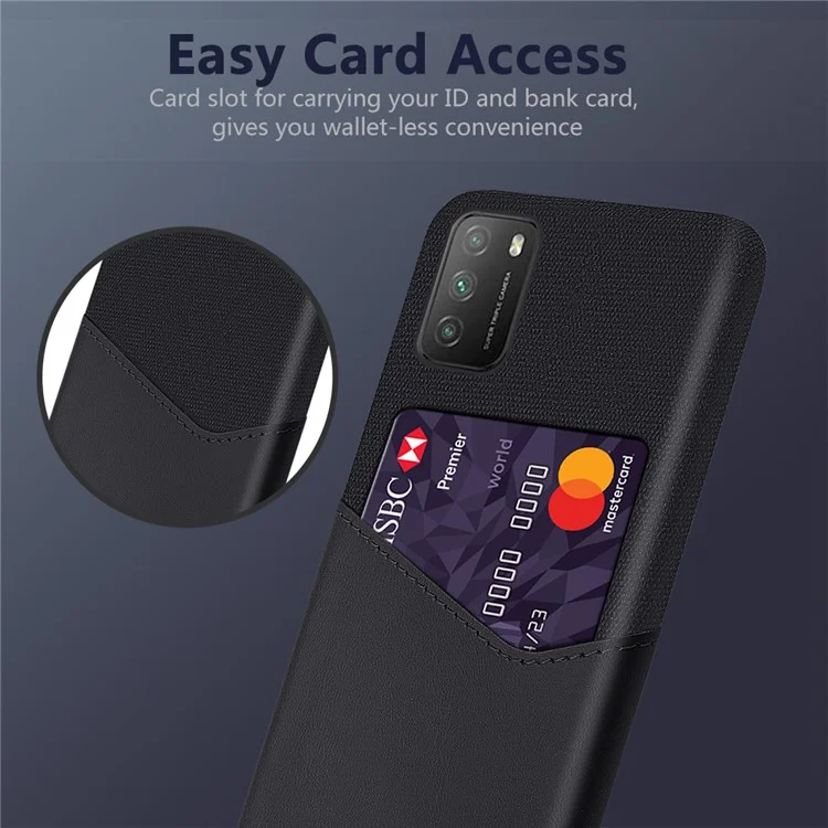 Coque arrière dure en PC revêtue de cuir texturé en tissu KSQ avec porte-carte pour Xiaomi Poco M3/Redmi 9T/9 Power/Note 9 4G (Qualcomm Snapdragon 662) - Noir