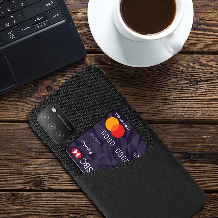 Coque arrière dure en PC revêtue de cuir texturé en tissu KSQ avec porte-carte pour Xiaomi Poco M3/Redmi 9T/9 Power/Note 9 4G (Qualcomm Snapdragon 662) - Noir