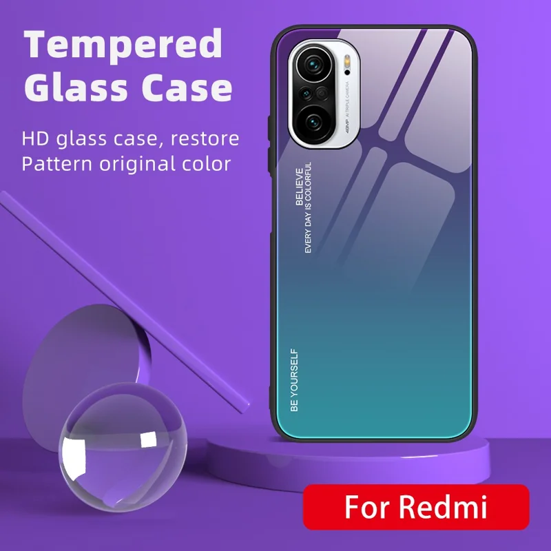 Capa Traseira de Vidro Temperado com Degradê de Cores Finas e Leves para Xiaomi Redmi K40/Redmi K40 Pro/Poco F3/Mi 11i - Roxo/Azul