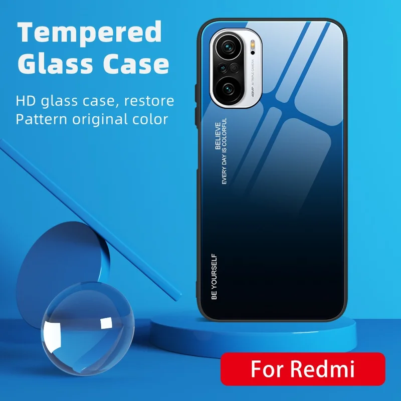 Thin Lightweight Tempered Glass Color Gradient Back Case Cover for Xiaomi Redmi K40/Redmi K40 Pro/Poco F3/Mi 11i - Blue/Black