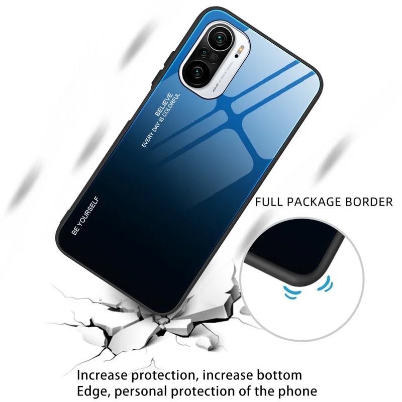 Thin Lightweight Tempered Glass Color Gradient Back Case Cover for Xiaomi Redmi K40/Redmi K40 Pro/Poco F3/Mi 11i - Blue/Black