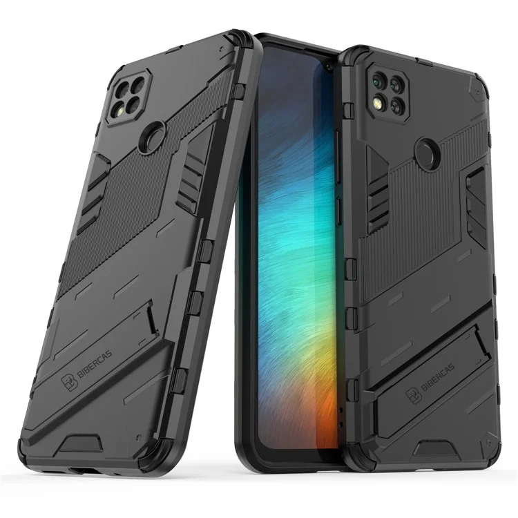 Kickstand Design Anti-Drop PC + TPU Hybrid Phone Case Cover for Xiaomi Redmi 9C/Redmi 9C NFC - Black