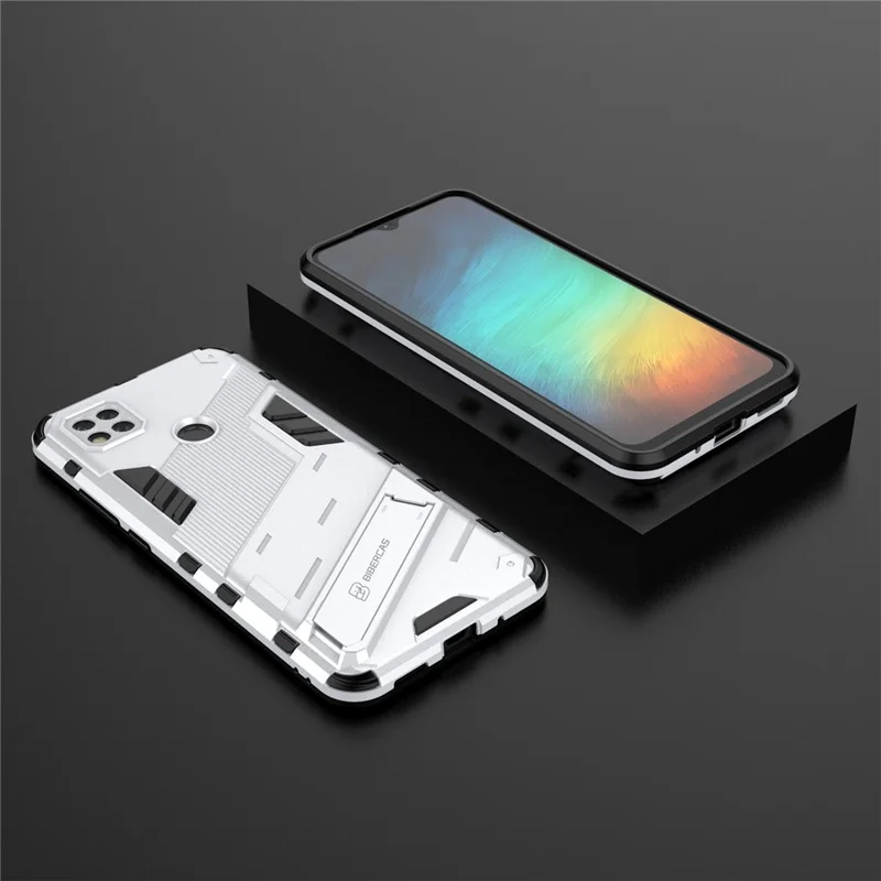Kickstand Design Anti-Drop PC + TPU Hybrid Phone Case Cover for Xiaomi Redmi 9C/Redmi 9C NFC - White