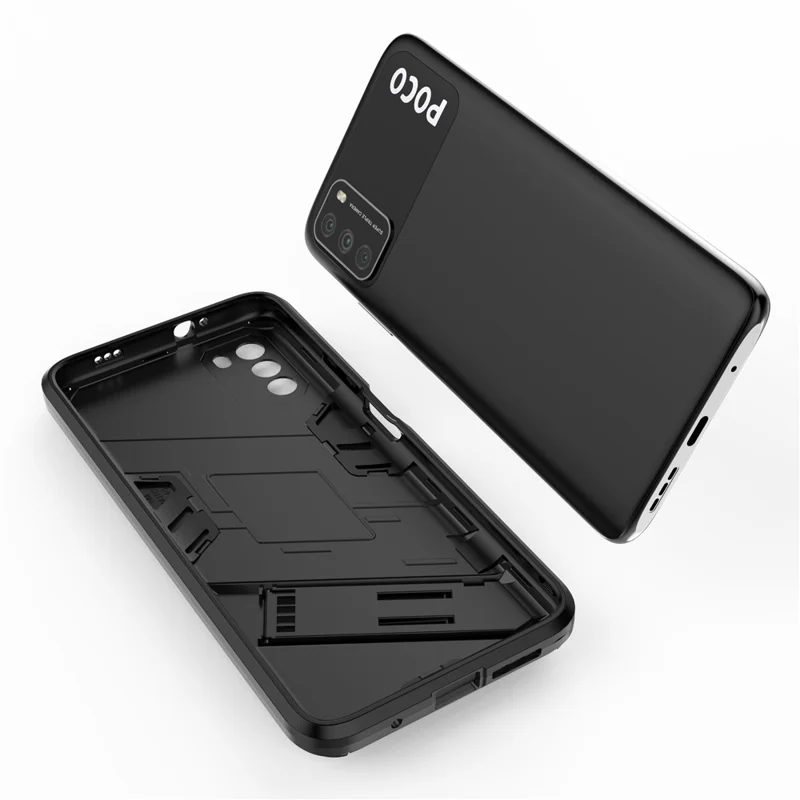 Kickstand Design Anti-Drop PC + TPU Hybrid Phone Case Cover for Xiaomi Poco M3 - Black