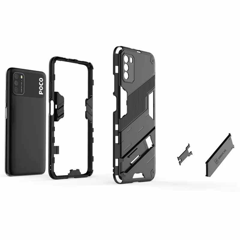 Kickstand Design Anti-Drop PC + TPU Hybrid Phone Case Cover for Xiaomi Poco M3 - Black