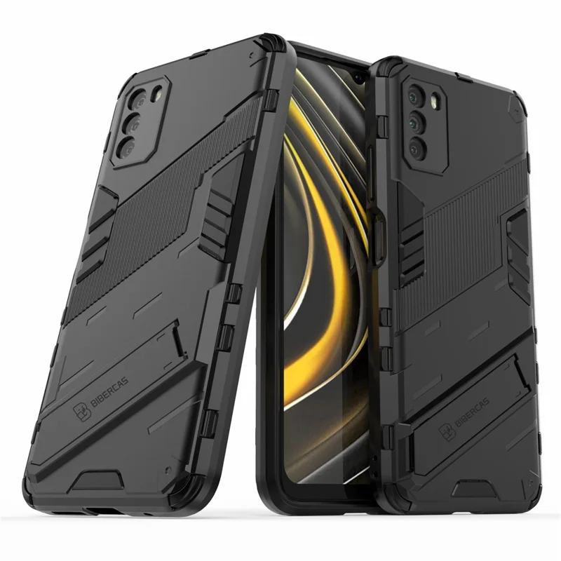 Kickstand Design Anti-Drop PC + TPU Hybrid Phone Case Cover for Xiaomi Poco M3 - Black