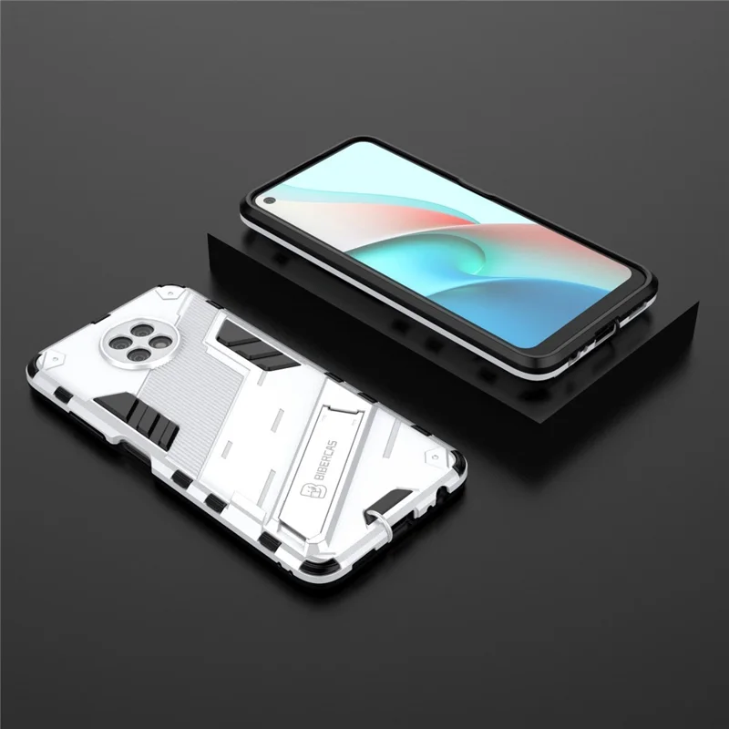 Kickstand Design Anti-Drop PC + TPU Hybrid Phone Case Cover for Xiaomi Redmi Note 9 5G / Redmi Note 9T 5G - White