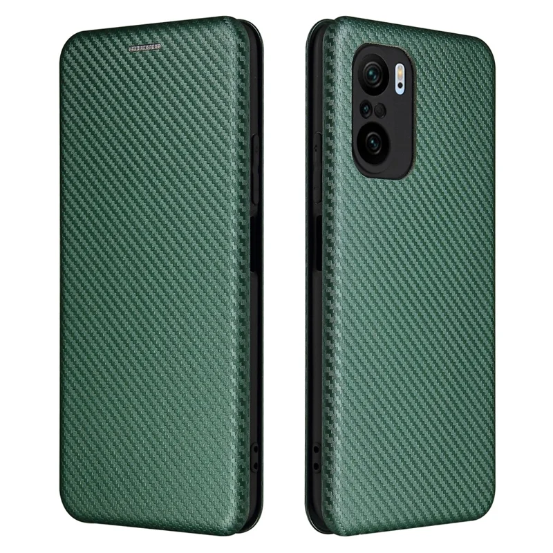 Auto-absorbed Stand Carbon Fiber Texture Leather Shell Cover for Xiaomi Redmi K40 Pro / Redmi K40 / Redmi K40 Pro+ / Mi 11i / Poco F3 - Green