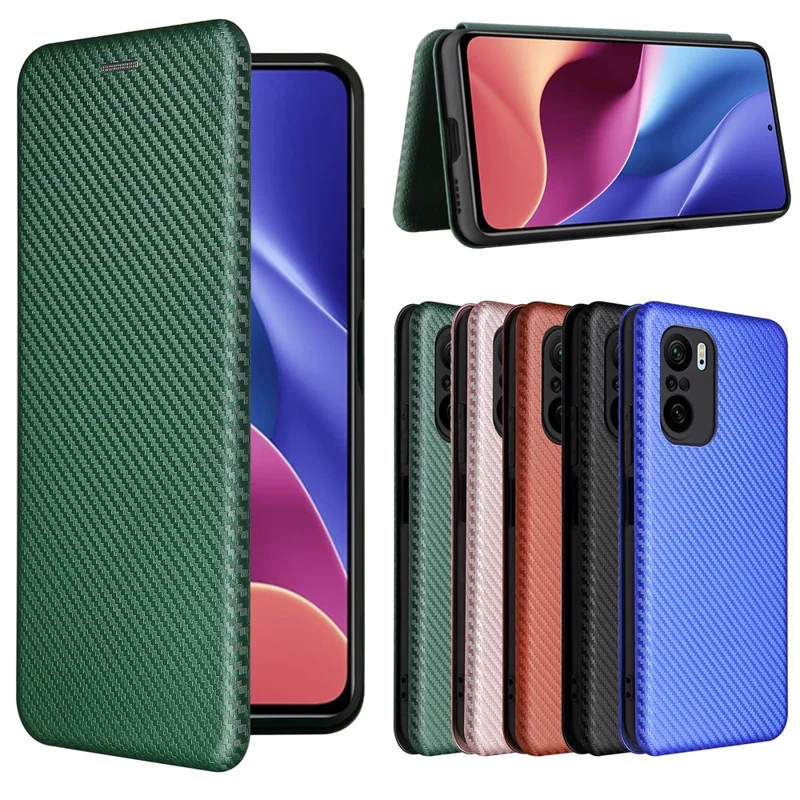 Auto-absorbed Stand Carbon Fiber Texture Leather Shell Cover for Xiaomi Redmi K40 Pro / Redmi K40 / Redmi K40 Pro+ / Mi 11i / Poco F3 - Green