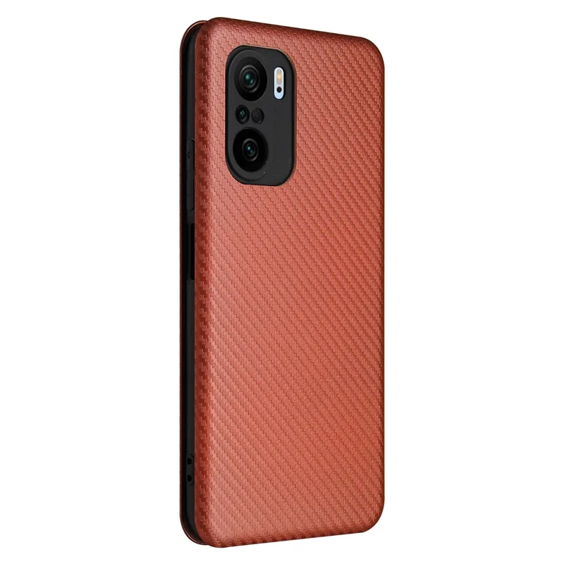 Soporte Automático de Fibra de Carbono Textura de Cuero Cubierta de Concha Para Xiaomi Redmi K40 Pro / Redmi K40 / Redmi K40 Pro+ / Mi 11i / Poco F3 - Naranja