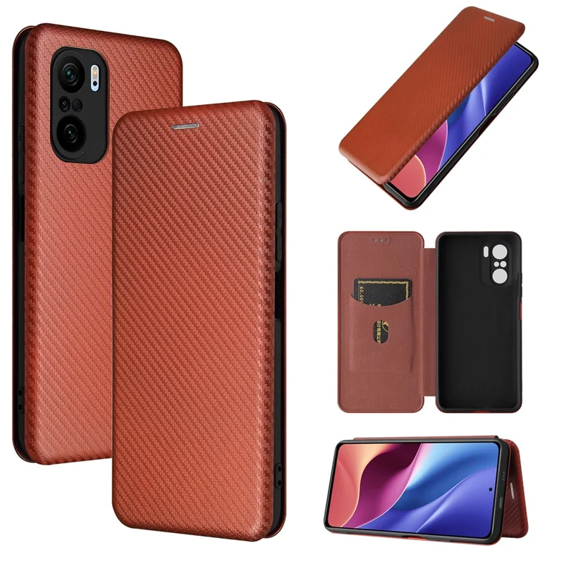 Auto-absorbed Stand Carbon Fiber Texture Leather Shell Cover for Xiaomi Redmi K40 Pro / Redmi K40 / Redmi K40 Pro+ / Mi 11i / Poco F3 - Orange