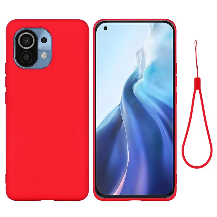 COULEUR DE COULEUR SOLIDE LIQUIDE SILICOLE TÉLÉPHONE Coque De Protection Avec Sangle Pour Xiaomi MI 11 - Rouge