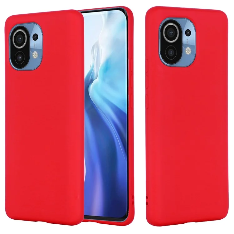 COULEUR DE COULEUR SOLIDE LIQUIDE SILICOLE TÉLÉPHONE Coque De Protection Avec Sangle Pour Xiaomi MI 11 - Rouge