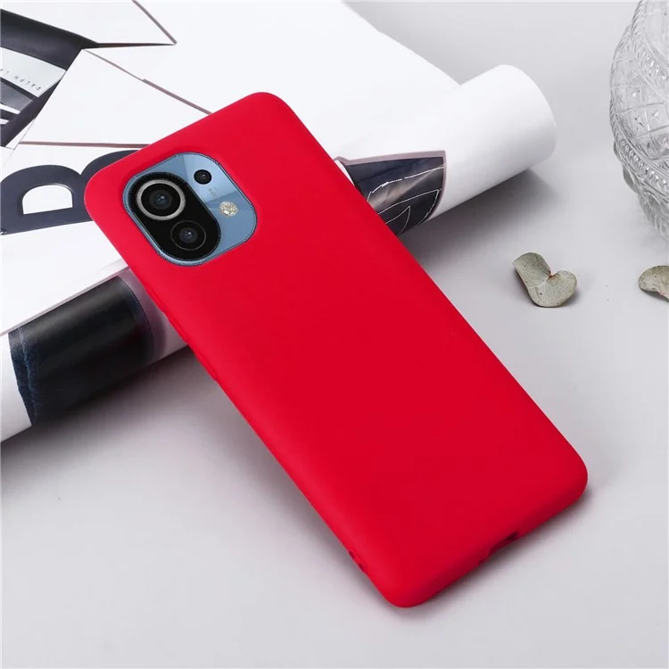 Solid Color Liquid Silicone Phone Protective Shell with Strap for Xiaomi Mi 11 - Red