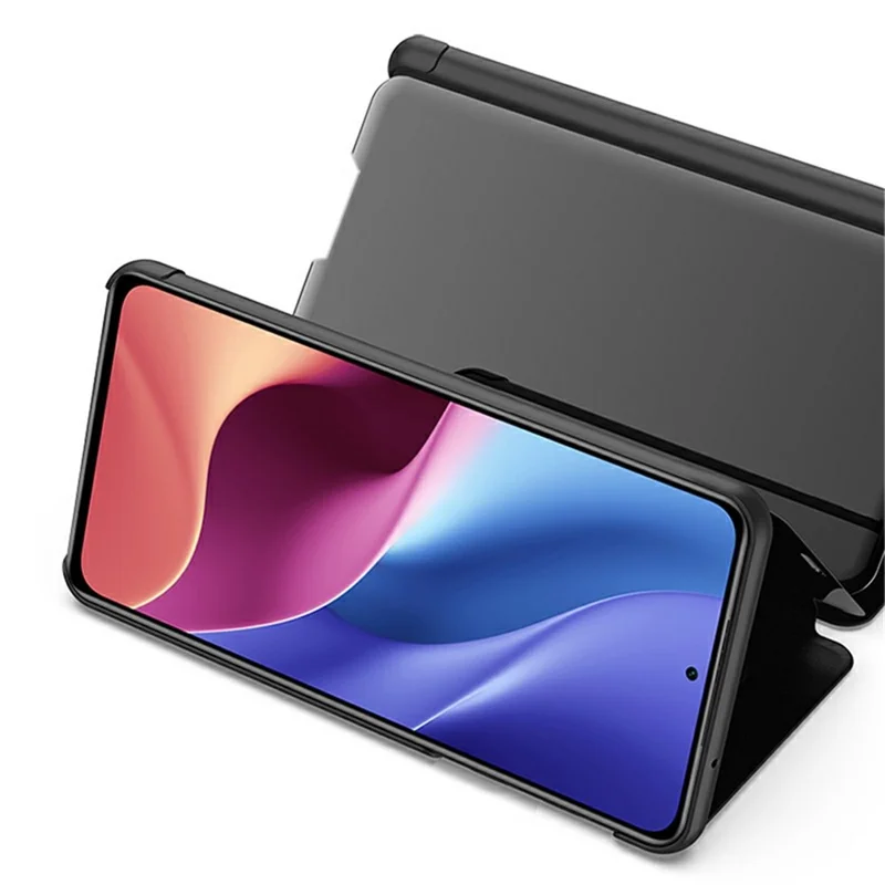 Voir la Fenêtre Miroir Électroplaté Case de Coquille en Cuir Avec Support Pour Xiaomi Redmi K40 / Redmi K40 Pro / Poco f3 / mi 11i - Argent