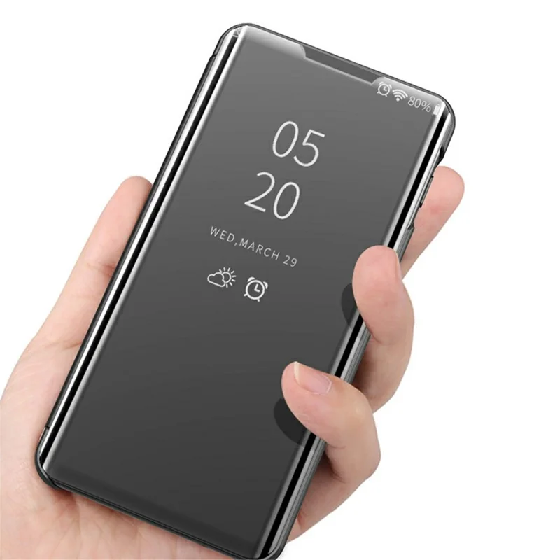 Voir la Fenêtre Miroir Électroplaté Case de Coquille en Cuir Avec Support Pour Xiaomi Redmi K40 / Redmi K40 Pro / Poco f3 / mi 11i - Argent