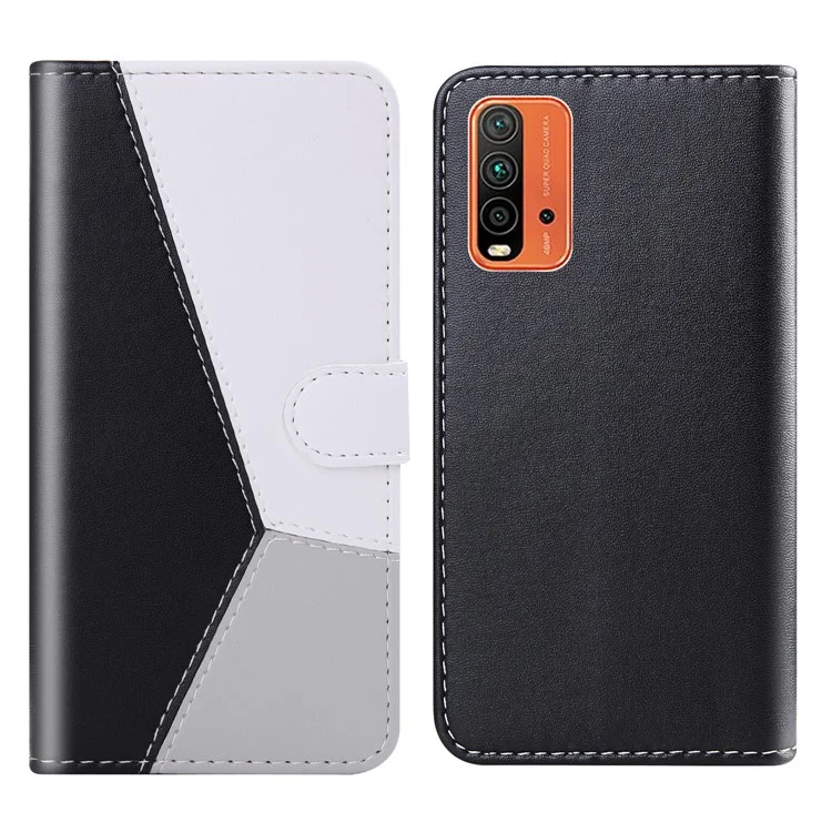 Portafoglio di Giunzione a Tre Colori Protettore PU Cettura PU Per Xiaomi Redmi 9T / Nota 9 4G (Qualcomm Snapdragon 662) / 9 Potere - Bianco/nero/grigio