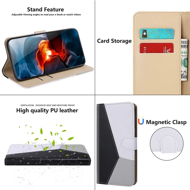 Portafoglio di Giunzione a Tre Colori Protettore PU Cettura PU Per Xiaomi Redmi 9T / Nota 9 4G (Qualcomm Snapdragon 662) / 9 Potere - Bianco/nero/grigio
