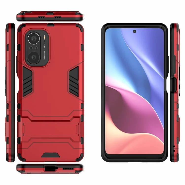 2 in 1 Kickstand Plastic + TPU Hybrid Phone Back Cover Case for Xiaomi Redmi K40/Redmi K40 Pro/Poco F3/Mi 11i - Red