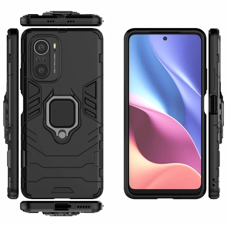 PC + TPU Combinación Del Anillo de Dedos Case Híbrido de Patada Para Xiaomi Redmi K40 Pro / Redmi K40 / Redmi K40 Pro+ / Mi 11i / Poco F3 - Negro