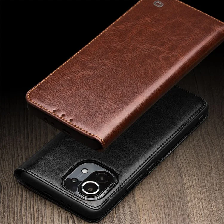Étui folio en cuir véritable Qialino pour Xiaomi Mi 11, étui portefeuille avec support pliable - Noir