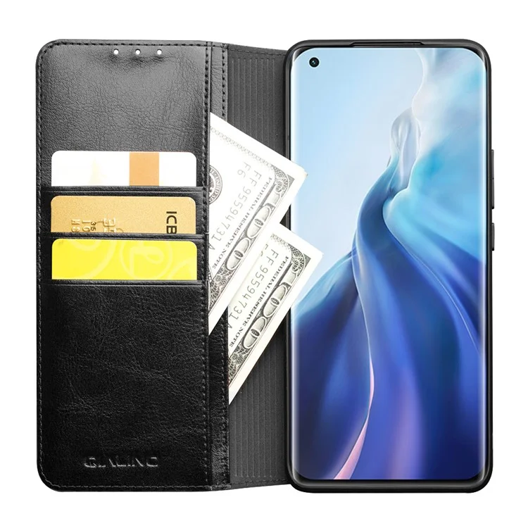 Étui folio en cuir véritable Qialino pour Xiaomi Mi 11, étui portefeuille avec support pliable - Noir