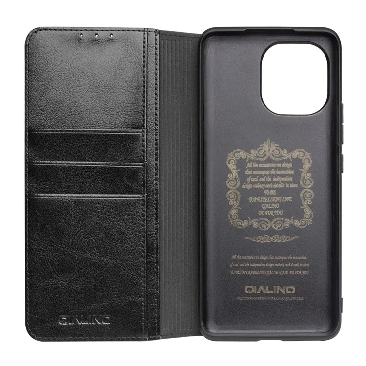 Étui folio en cuir véritable Qialino pour Xiaomi Mi 11, étui portefeuille avec support pliable - Noir