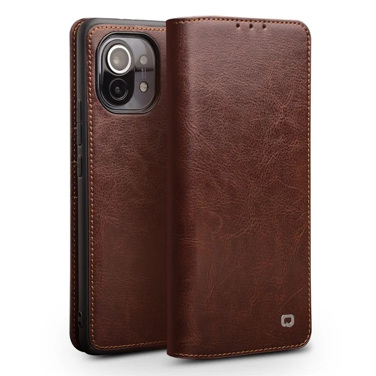 QIALINO Folio Flip Genuine Leather Case for Xiaomi Mi 11, Foldable Stand Wallet Phone Cover - Brown