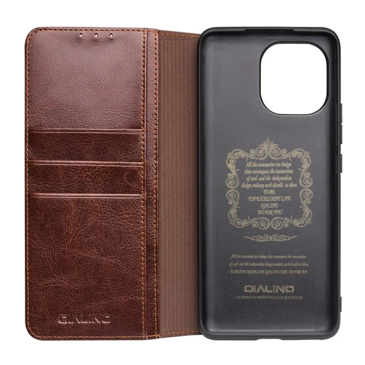 QIALINO Folio Flip Genuine Leather Case for Xiaomi Mi 11, Foldable Stand Wallet Phone Cover - Brown