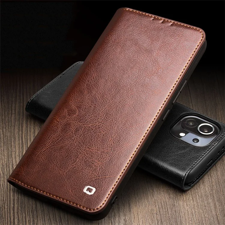 QIALINO Folio Flip Genuine Leather Case for Xiaomi Mi 11, Foldable Stand Wallet Phone Cover - Brown