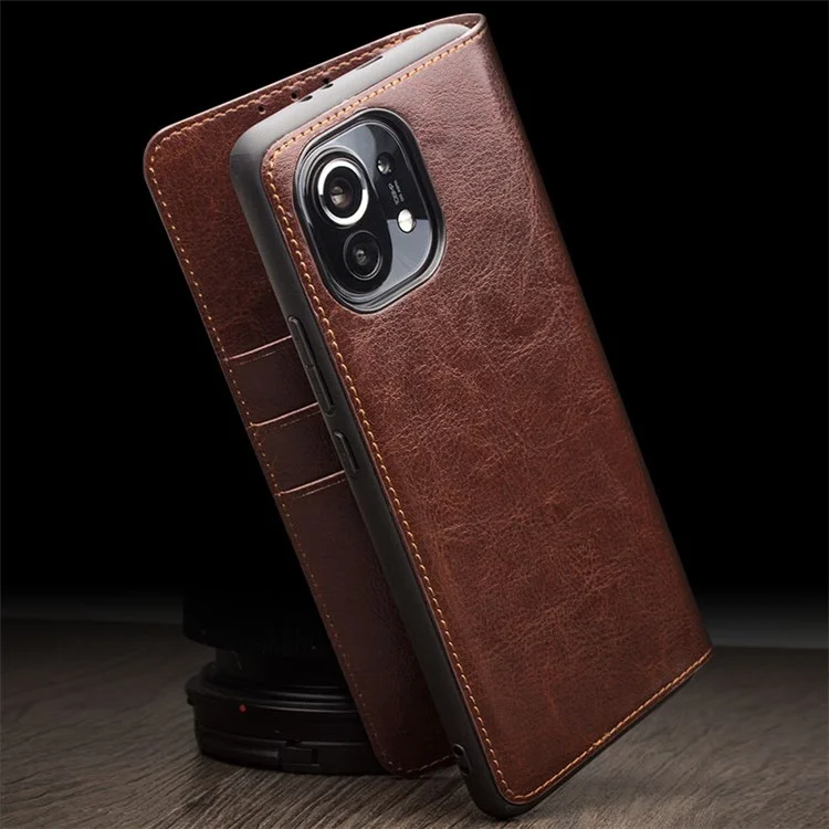 QIALINO Folio Flip Genuine Leather Case for Xiaomi Mi 11, Foldable Stand Wallet Phone Cover - Brown