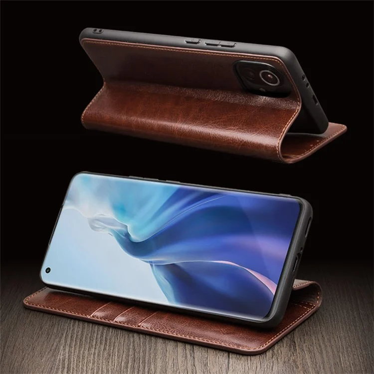 QIALINO Folio Flip Genuine Leather Case for Xiaomi Mi 11, Foldable Stand Wallet Phone Cover - Brown