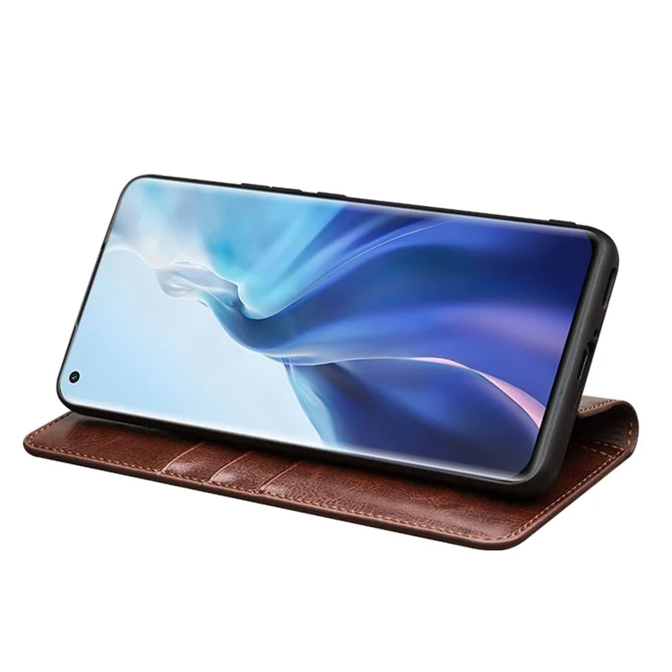 QIALINO Folio Flip Genuine Leather Case for Xiaomi Mi 11, Foldable Stand Wallet Phone Cover - Brown